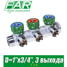Регулирующий коллектор FAR 1"x3/4" (ВР-НР), 3 выхода с вставкой под плоское уплотнение